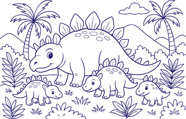 Stegosaurus family walking in jungle with palm trees