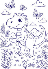 Smiling dinosaur standing in flower meadow with butterflies