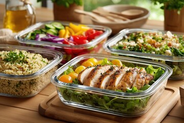 Healthy meal prep with colorful bowls of fresh ingredients and grilled chicken ready for a nutritious week ahead
