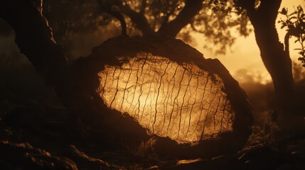 Sunlit Hollow Tree Trunk in Enchanted Forest at Golden Hour