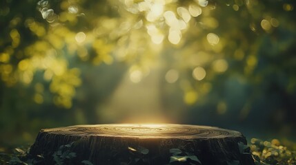 Sunlit Tree Stump Surrounded by Glowing Nature in Soft Focus