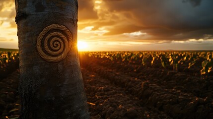 Sunset Over Cropland with Carved Tree Bark and Beautiful Sky