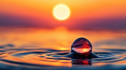 Sunset Reflected in Water Drop with Colorful Horizon View