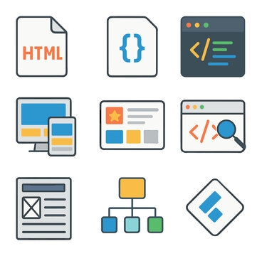 Programming Language Icons Grid. Flat icon set of programming languages: JavaScript, Python, Java, C++, Ruby,