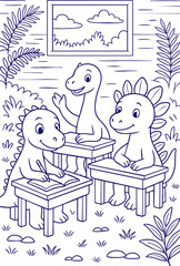 Cartoon dinosaurs learning in classroom illustration