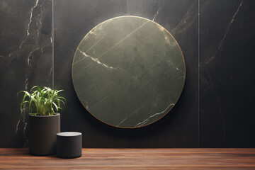 Modern Dark Marble Wall with Round Slab and Green Plant in Pot