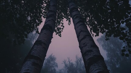 Tall Trees Reaching Towards Mystic Sky at Dusk in Foggy Forest