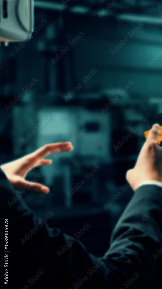 Poster engineer use cybernated robotic software to control industry robot arm in factory . automation manuf