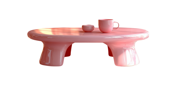 Pink Modern Coffee Table With Mug And Bowl. Contemporary Design And Minimalist Aesthetic Isolated On Transparent Background - Powered by Adobe