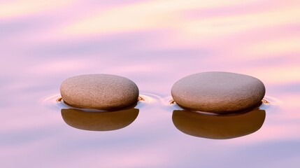 Tranquil Reflection of Smooth Stones on Calm Water at Sunset