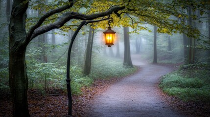 Tranquil Pathway with Lantern in Foggy Forest at Dusk