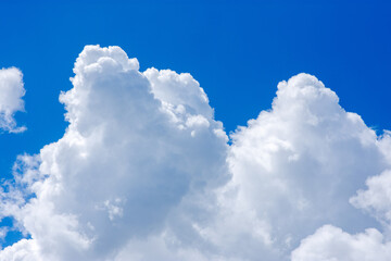 white cumulus clouds in a blue sky. Panorama top of clouds and blue sky background