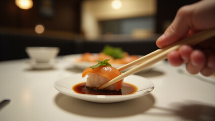 putting the sushi in the soy sauce