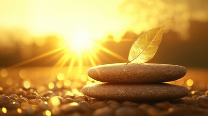 Tranquil Still Life with Stones and Leaf at Sunset Glow