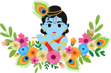 vector baby Krishna playing flute with flowers and peacock feathers – colorful Hindu art for Janmashtami, spiritual greeting cards, India culture