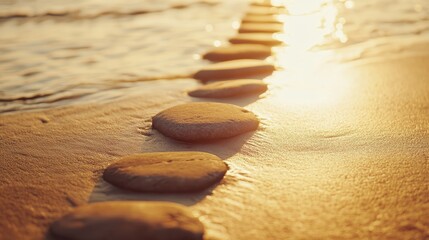 Tranquil Stone Pathway on Beach at Sunset with Glimmering Waves