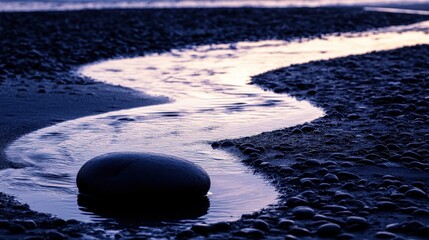 Tranquil Stream Flowing Over Pebbles at Sunset with Soft Light