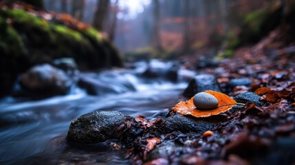 Tranquil Stream with Autumn Leaves and Smooth Pebbles in Forest