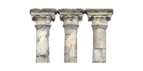 Three Ancient Corinthian Columns. Architectural Heritage And Classical Design Isolated On Transparent Background