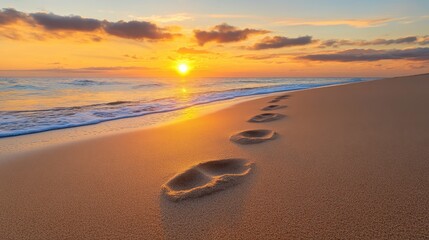 Tranquil Sunset Over Sandy Beach with Footprints in the Sand