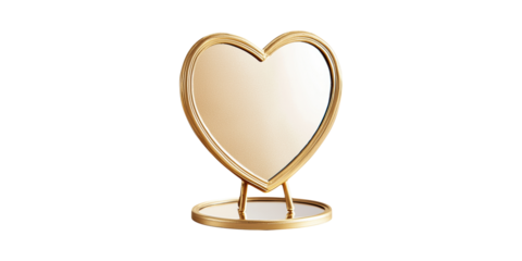 Heart-Shaped Gold Mirror Stand. Elegant Decor For Vanity And Home Styling Isolated On Transparent Background