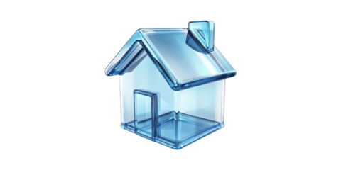 Transparent blue glass house model with chimney isolated on transparent background