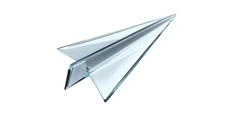 Glass paper airplane model with sharp edges isolated on transparent background