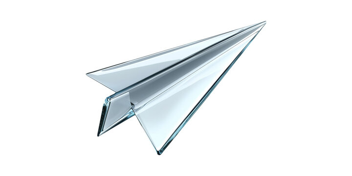 Glass paper airplane model with sharp edges isolated on transparent background