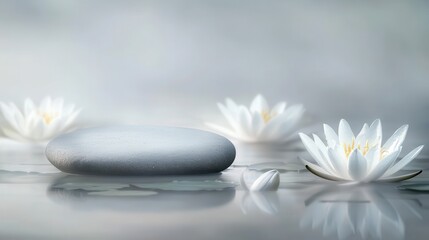 Tranquil Water Scene with Lotus Flowers and Smooth Stone