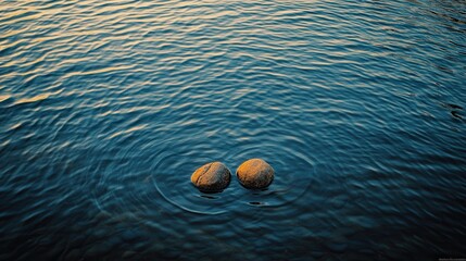 Tranquil Water Ripples Surrounding Two Stones in Calm Lake