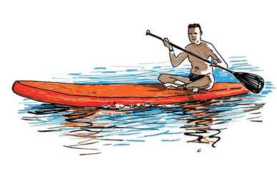 Sketch of young man on sup board sitting, rowing paddle and floating on water lake, vector illustration isolated on white