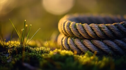 Twisted Rope with Green Moss and Soft Grass in Sunlit Background