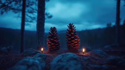 Two Pine Cones Surrounded by Candles in a Calm Forest Setting