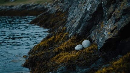 Two Speckled Eggs Nestled on Rocky Shoreline by Calm Water