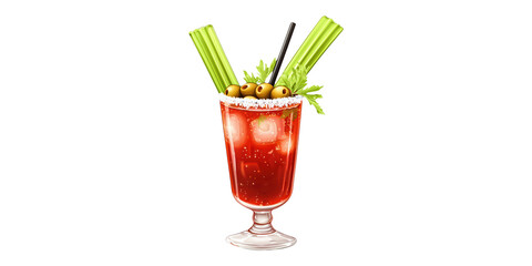 Bloody Mary Cocktail With Celery And Olives. Classic Brunch Beverage Garnished With Vegetables Isolated On Transparent Background