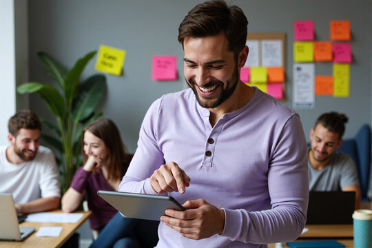 Man using digital tablet in creative office during brainstorming session with colleagues, smiling while managing project on collaborative board with colorful sticky notes