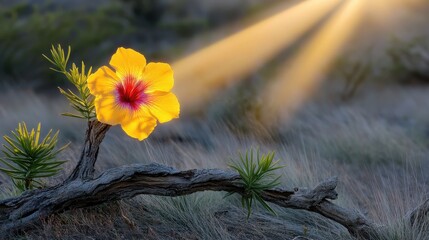 Vibrant Yellow Flower Emerging from Twisted Branch at Sunrise