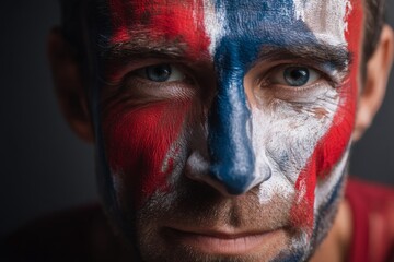 Passionate soccer fan applies vibrant team colors to their face with enthusiasm, showcasing dedication and spirit before an exciting match in a lively atmosphere