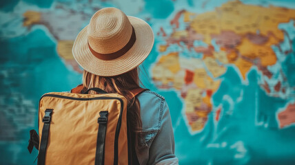 Woman Explorer with Backpack and Hat Gazing at World Map, Travel Concept
