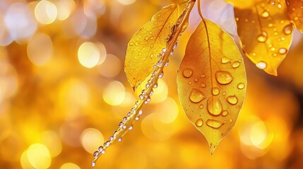 Vibrant Yellow Leaves with Water Droplets Against Blurred Background