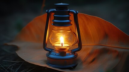 Vintage Lantern Glowing on Orange Leaf in Nature at Twilight