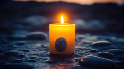 Warm Glow of Candlelight on Smooth Stones at Twilight by Shore