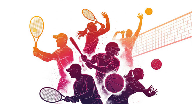 Stylized athletes (tennis, baseball, volleyball, basketball) create dynamic, energetic composition, showcasing power, excitement of competitive sports