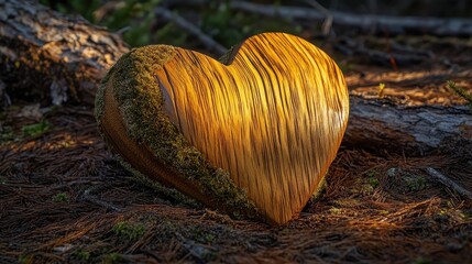 Wooden Heart Sculpture Surrounded by Moss on Forest Floor