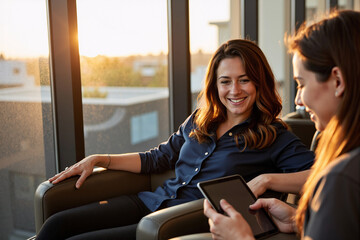 Two female colleagues having relaxed discussion by window at sunset, smiling and collaborating with tablet in comfortable modern office lounge or break area