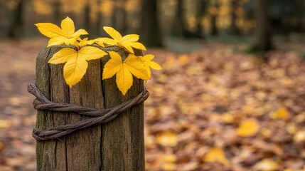 Yellow Leaves on Wooden Post Surrounded by Autumn Colors
