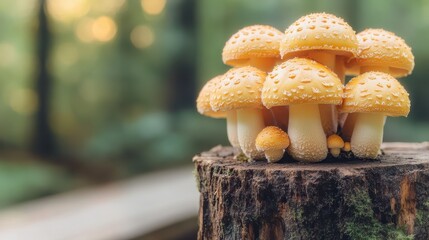 Yellow Mushrooms Growing on a Tree Stump Surrounded by Nature