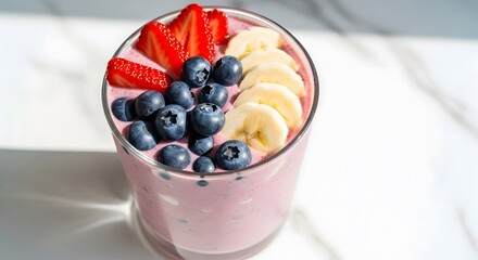 Healthy breakfast smoothie bowl recipe with fresh fruit banana strawberry and blueberries bowl close up view