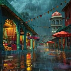 Indian monsoon bazaar scene with vibrant stalls, colorful crowds, and SALE signs in festive atmosphere. Traditional market vibes with rain drops and lively shopping mood. AI generated illustration.