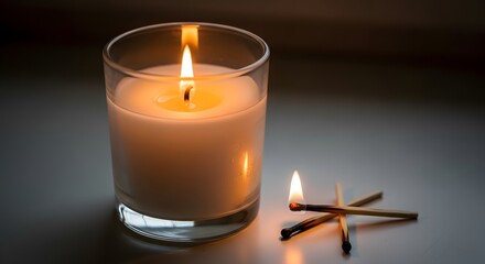 Candle light with matches burning bright in glass jar for home decor and relaxation ambiance scene